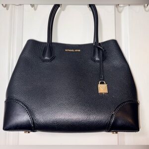 Michael Kors Mercer Gallery Medium Leather Satchel Tote Black Gold Lock Charm